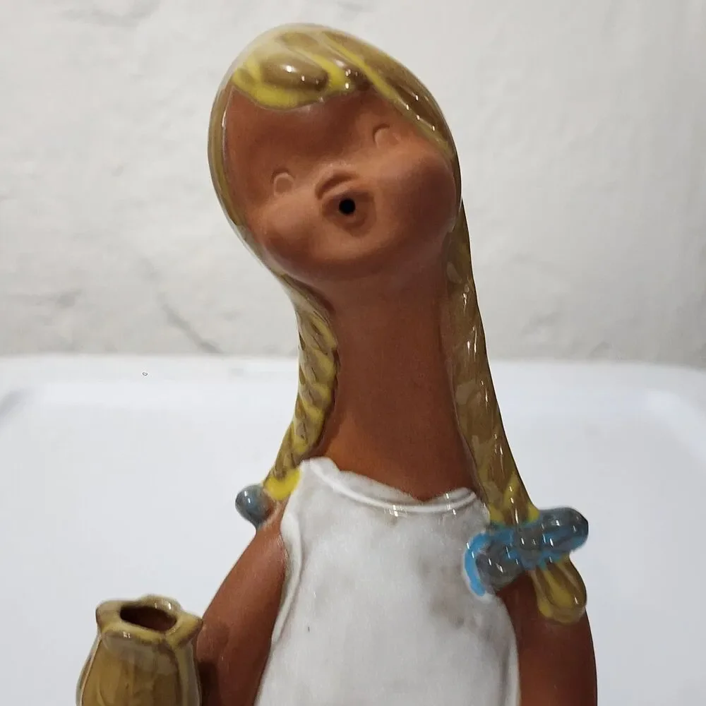 VTG MCM Art Pottery Stoneware Whistling Girl Head Vase Planter Clay Japan Style